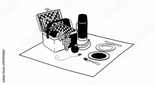 A black and white illustration of a picnic setup on a blanket with food, utensils and a thermos