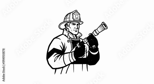 A black and white illustration of a determined firefighter holding a hose
