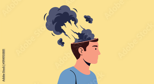 Modern flat vector illustration of person releasing dark cloud transforming into light, representing emotional healing, mental recovery, and positive psychology concept
