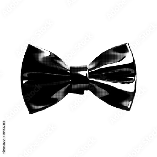 Black glossy bowtie in halftone style isolated on white background. Elegant formal accessory illustration for fashion, wedding, event, and luxury design projects.