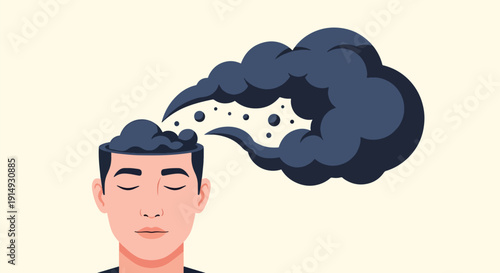 Modern flat vector illustration of person releasing dark cloud transforming into light, representing emotional healing, mental recovery, and positive psychology concept