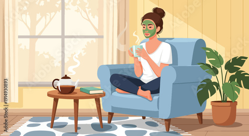 Modern flat vector illustration of woman enjoying self care day with face mask and tea in cozy home, representing wellness routine, relaxation, and mental health balance