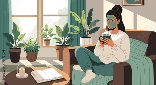 Modern flat vector illustration of woman enjoying self care day with face mask and tea in cozy home, representing wellness routine, relaxation, and mental health balance