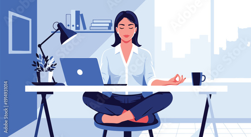 Modern flat vector illustration of professional meditating at desk before work, representing mindfulness, productivity balance, and workplace mental health concept
