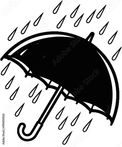 A black and white illustration of a closed umbrella with raindrops falling around it