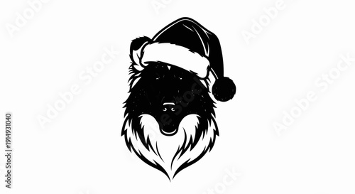 A black and white silhouette of a dog wearing a Santa hat