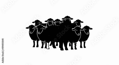 A black and white silhouette of a flock of sheep clustered together