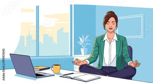 Modern flat vector illustration of professional meditating at desk before work, representing mindfulness, productivity balance, and workplace mental health concept
