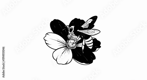 A bee with striped body and translucent wings collects nectar from a large, stylized flower