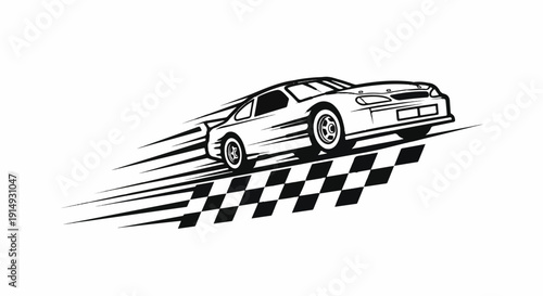 A black and white illustration of a race car speeding with motion lines