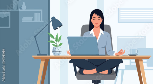 Modern flat vector illustration of professional meditating at desk before work, representing mindfulness, productivity balance, and workplace mental health concept