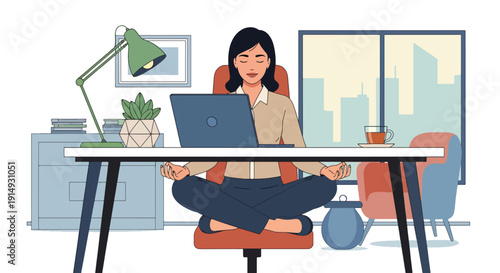 Modern flat vector illustration of professional meditating at desk before work, representing mindfulness, productivity balance, and workplace mental health concept