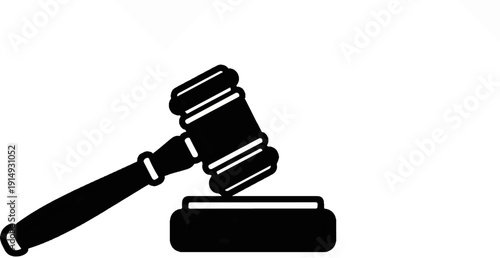 A black and white silhouette of a gavel striking a block, isolated on white