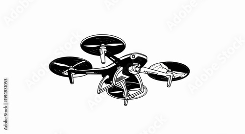 A black and white illustration of a quadcopter drone in flight