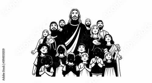 A benevolent figure stands surrounded by a diverse group of children and adults