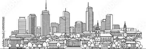 A black and white line drawing of a city skyline with modern skyscrapers and classical buildings