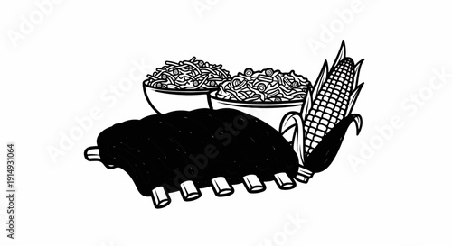 A black and white illustration of a rack of ribs, corn on the cob, and two bowls of salad