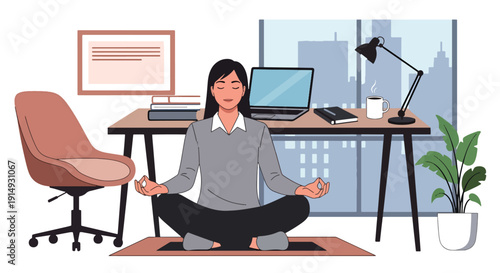 Modern flat vector illustration of professional meditating at desk before work, representing mindfulness, productivity balance, and workplace mental health concept