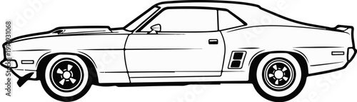A black and white illustration of a classic muscle car in profile
