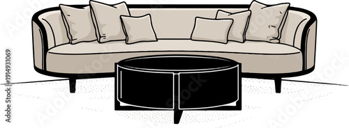 A beige sofa with plush cushions sits before a dark round coffee table