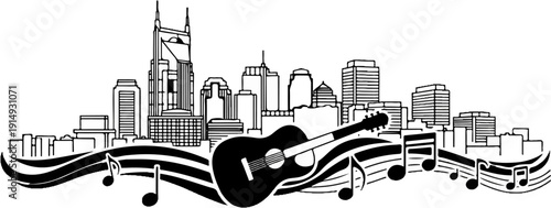 A black and white illustration of a city skyline with a guitar and musical notes