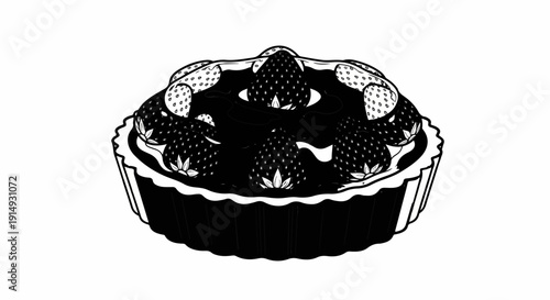 A black and white illustration of a chocolate tart topped with fresh strawberries