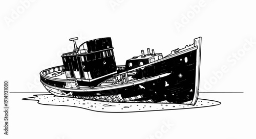 A black and white sketch depicts a beached, derelict fishing trawler grounded on a sandy shore