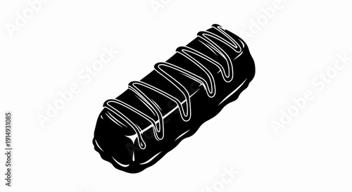 A black and white illustration of a chocolate bar drizzled with white icing