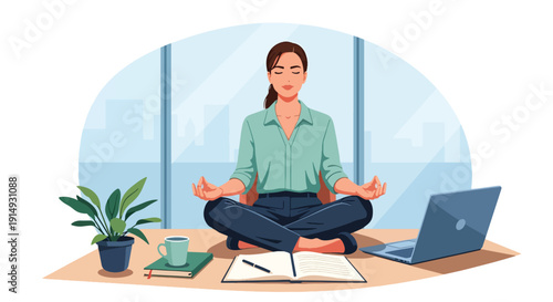 Modern flat vector illustration of professional meditating at desk before work, representing mindfulness, productivity balance, and workplace mental health concept