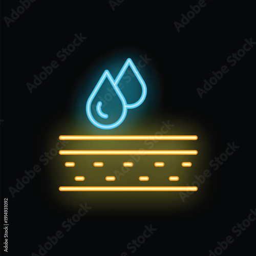 Neon icon representing moisturizing effect with water droplets falling on skin layers