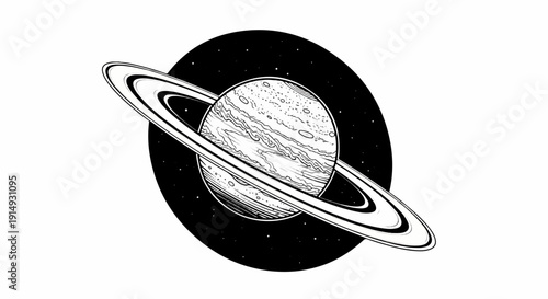 A black and white illustration of a ringed planet in starry space