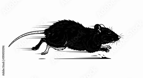 A black and white illustration of a rat running quickly, its fur detailed with texture