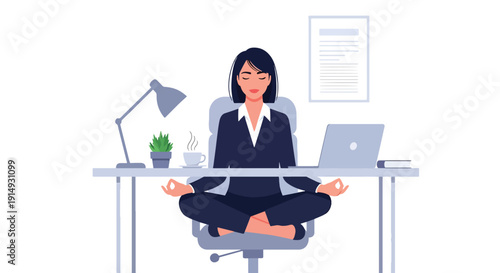 Modern flat vector illustration of professional meditating at desk before work, representing mindfulness, productivity balance, and workplace mental health concept