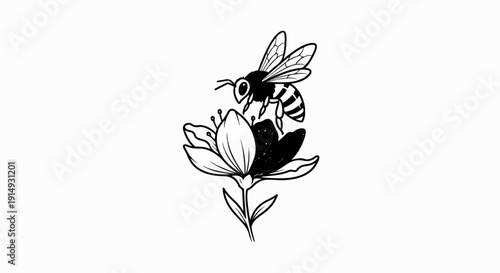 A black and white sketch of a bee landing on a flower