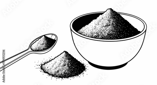 A black and white illustration of a bowl overflowing with granular material, a spoon filled with it, and a small pile