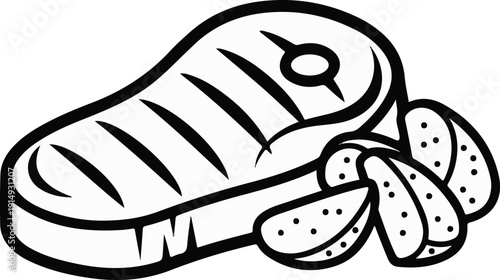 A black and white cartoon drawing of a grilled steak with potato wedges