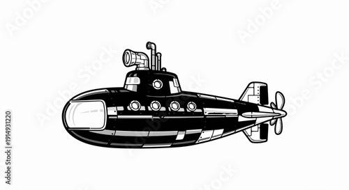 A black and white cartoon illustration of a submarine with a propeller and periscope