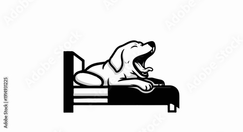 A black and white cartoon of a dog yawning in bed