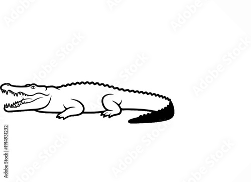 A black and white cartoon illustration of an alligator with its mouth open