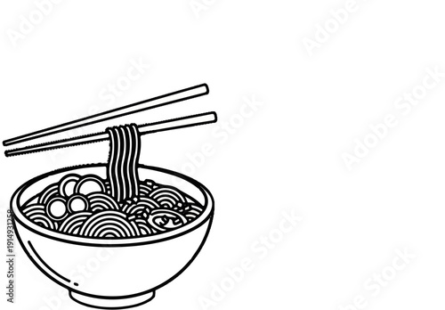 A black and white illustration of a bowl filled with noodles and chopsticks lifting a portion