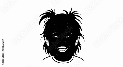 A black and white cartoon portrait of a young child with large, wide eyes and an open mouth