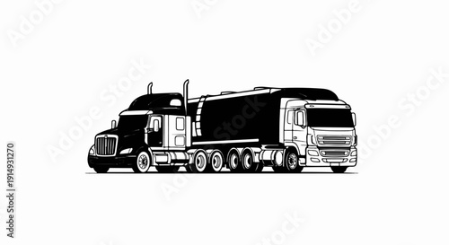 A black and white illustration of a semi-truck with a large tanker trailer