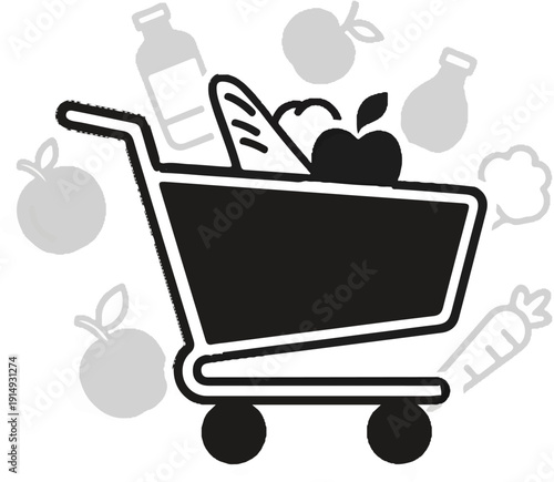 A black and white illustration of a shopping cart filled with groceries