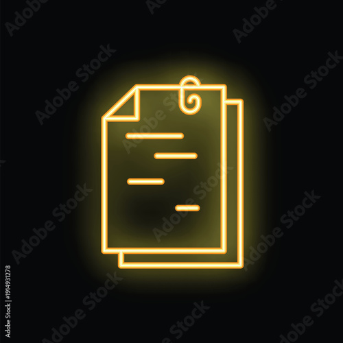 Glowing neon icon of documents attached with paperclip on black brick wall