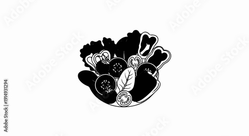 A black and white illustration of a bowl brimming with fresh vegetables