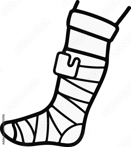 A black and white line drawing of a foot wrapped in bandages