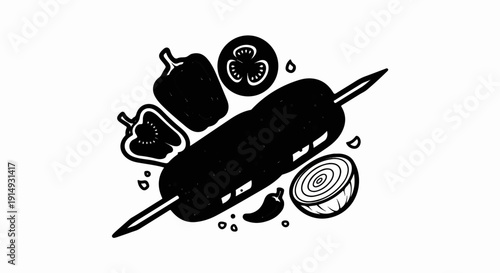 A black and white illustration of a skewer with meat and vegetables