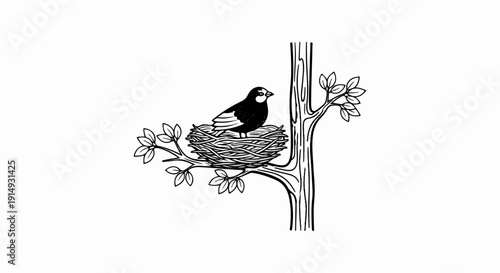 A black and white drawing of a bird in a nest on a tree branch