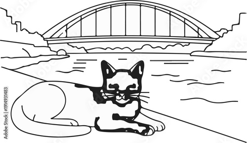 A black and white drawing of a cat relaxing by a river with a bridge in the background