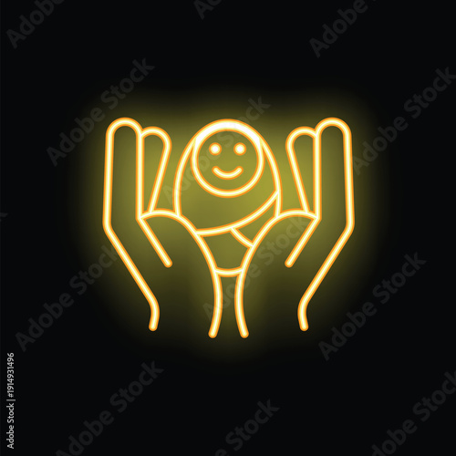 Neon sign representing two hands holding a smiling baby wrapped in a swaddling cloth